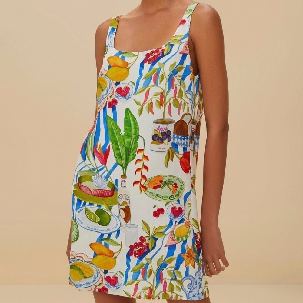 Farm Rio NWT XS Off White Fresh Table Euroflax Premium Linen Mini Dress Elegant - Picture 1 of 9